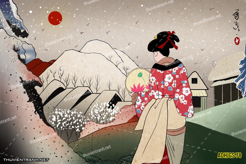 Tranh dán tường Cô gái  Nhật Bản mặc kimono, tranh minh họa cô gái Nhật Bản xưa -ADHJGS-78 - Tranh tường chất lượng cao